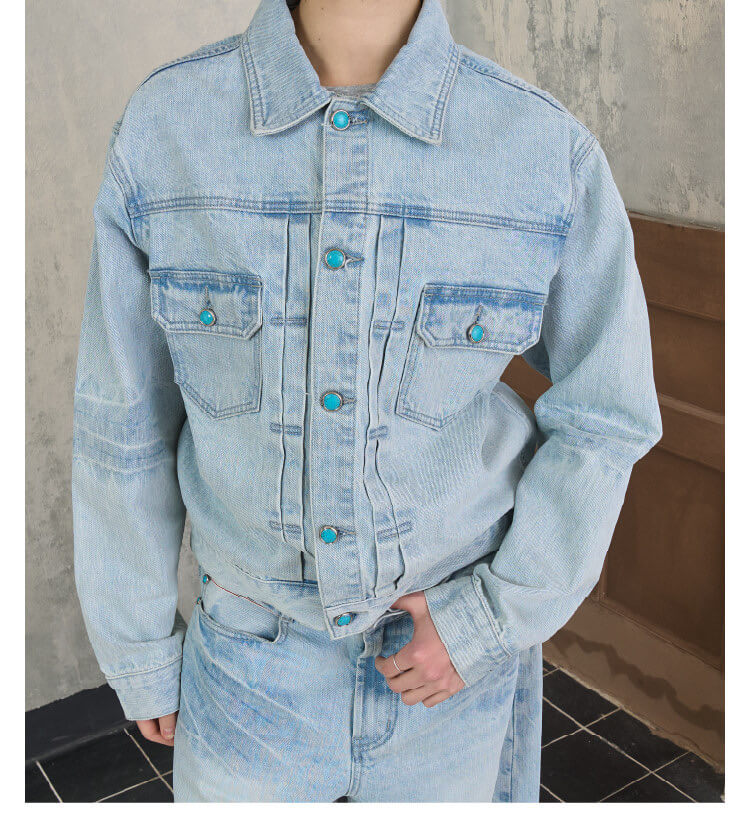 S45 Light Blue Heavy Washed Turquoise Button Denim Jacket | Face 3 Face