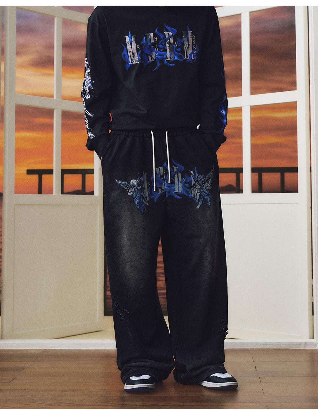 MEDM Skeleton Angel Graphic Print Washed Baggy Sweatpants | Face 3 Face