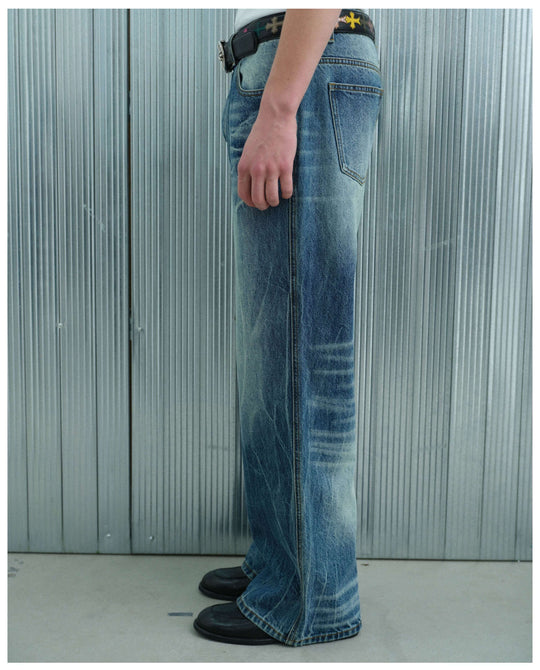 S45 Lightning Crack Wash Distressed Slight Flare Jeans | Face 3 Face