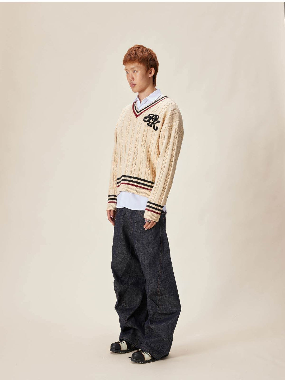 EVILKNIGHT(EK) Logo Cable Knit V Neck Sweater | Face 3 Face