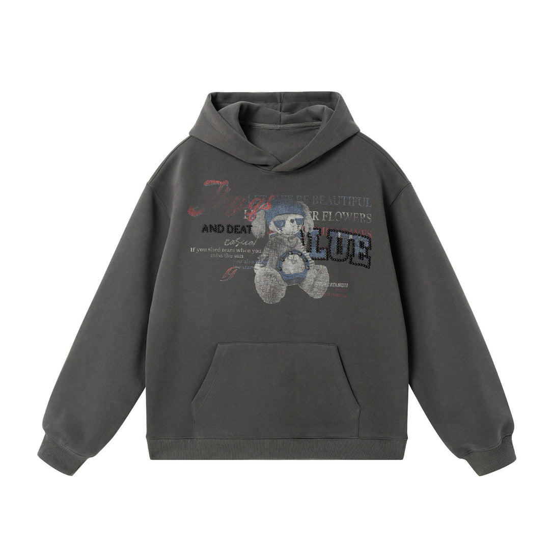 JHYQ Vintage Bear Print Bead Studded Hoodie | Face 3 Face