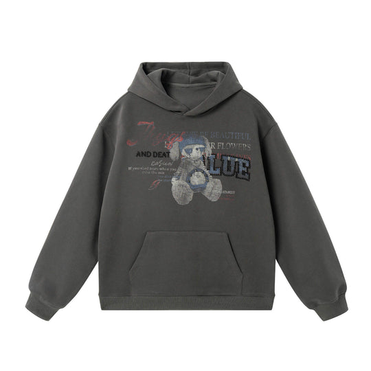 JHYQ Vintage Bear Print Bead Studded Hoodie | Face 3 Face