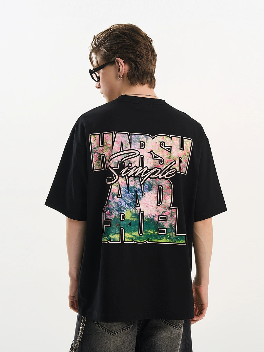 Harsh and Cruel Font Art Oil Painting Floral Tee