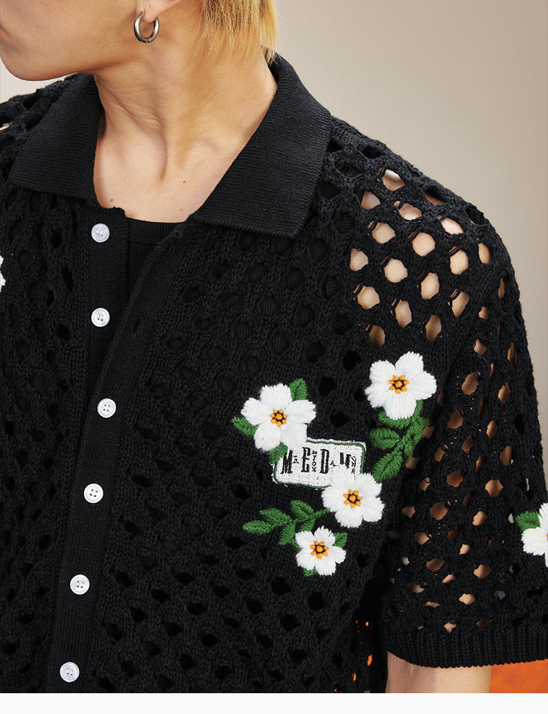 MEDM Flower Embroidery Open Knit Short Sleeve Shirt | Face 3 Face