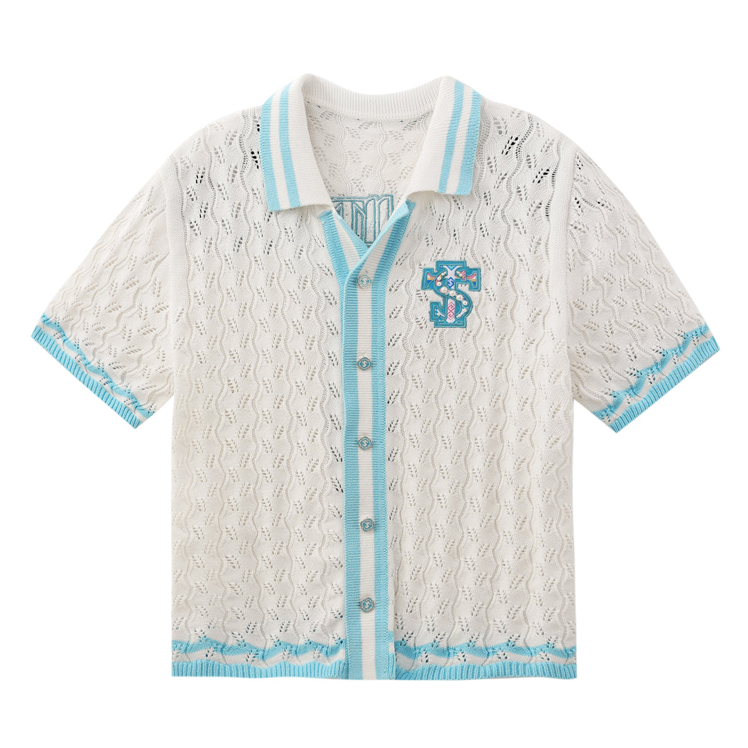 Small Town Kid Ethnic Logo Patch Crochet Knit Hawaiian Shirt | Face 3 Face