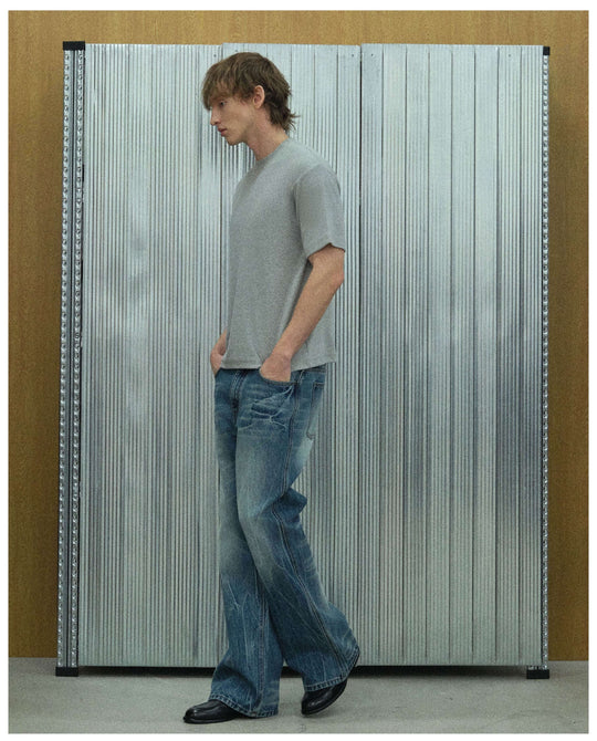 S45 Lightning Crack Wash Distressed Slight Flare Jeans | Face 3 Face