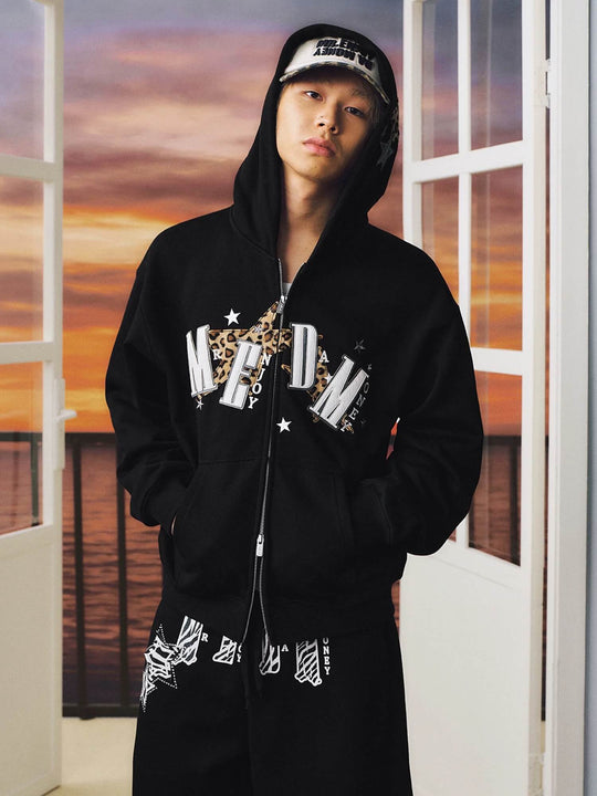 MEDM Leopard Print Star Patch Logo Embroidered Zip Up Hoodie | Face 3 Face