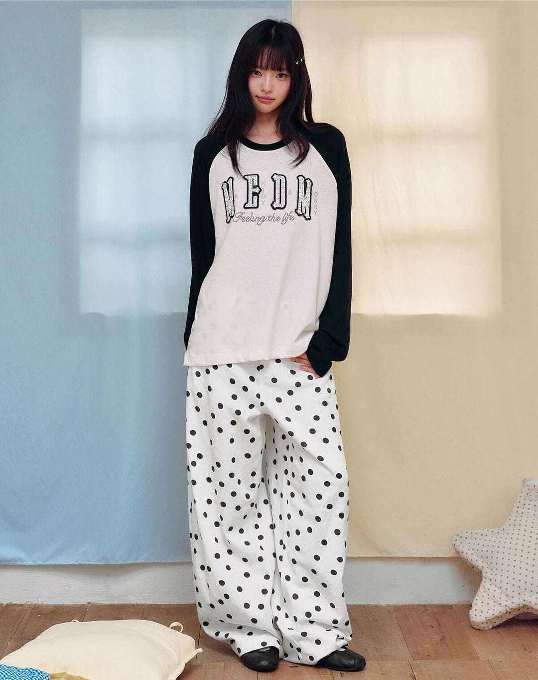 MEDM All Over Polka Dot Print Curved Baggy Pants | Face 3 Face