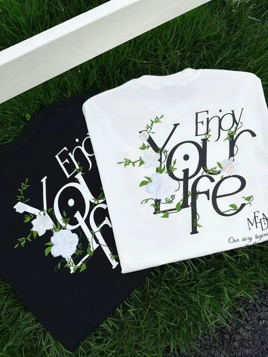 MEDM 3D Flower Embroidered Letter Print Tee | Face 3 Face