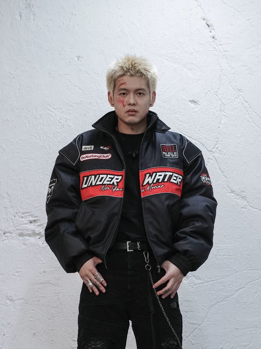 UNDERWATER Hell Badge Embroidered Racing Bomber Jacket | Face 3 Face
