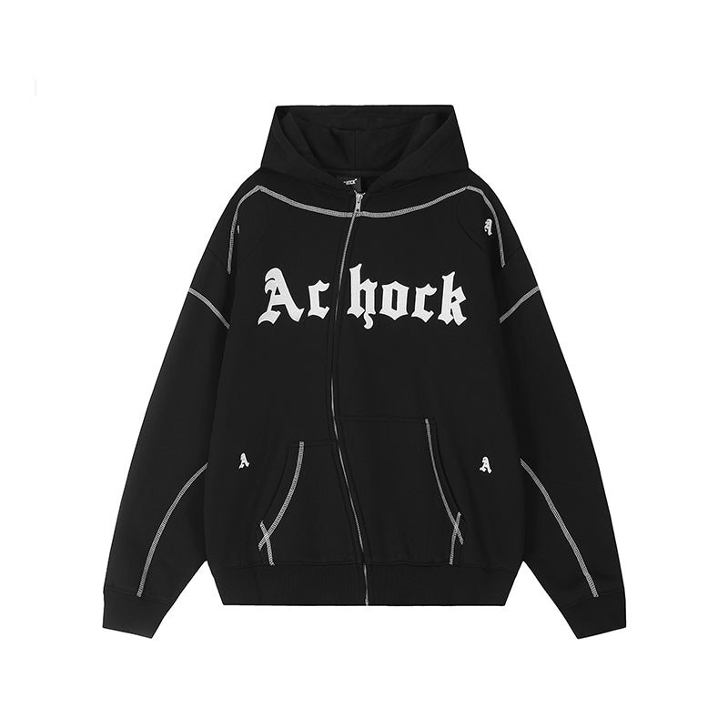 Puff print hoodies | Achock Heavy Embroidery Zipper Hoodie | Face 3 Face