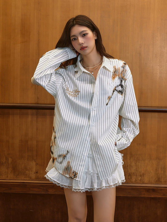 Harsh and Cruel Burnout Lace Embroidered Striped Long Sleeve Shirt | Face 3 Face