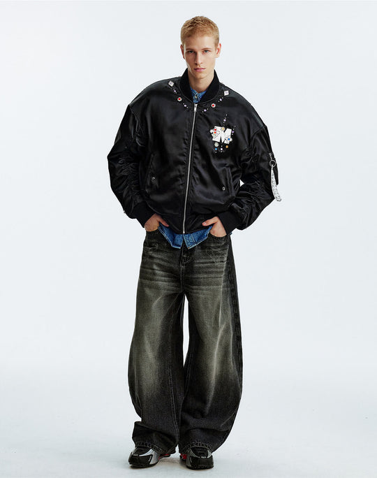 MEDM Gemstone Studded Leather Patch MA-1 Bomber Jacket | Face 3 Face