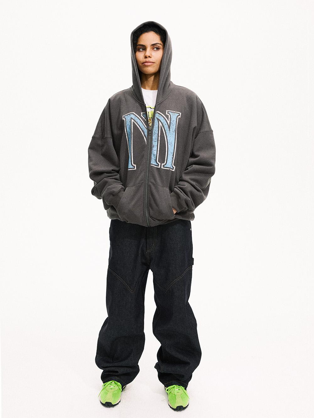 MHARF Gray Vintage Print Zip-Up Hoodie | Face 3 Face