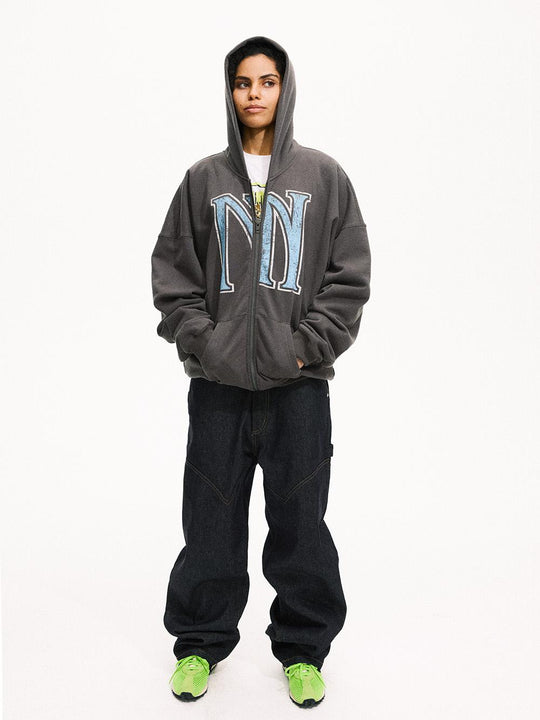 MHARF Gray Vintage Print Zip-Up Hoodie | Face 3 Face