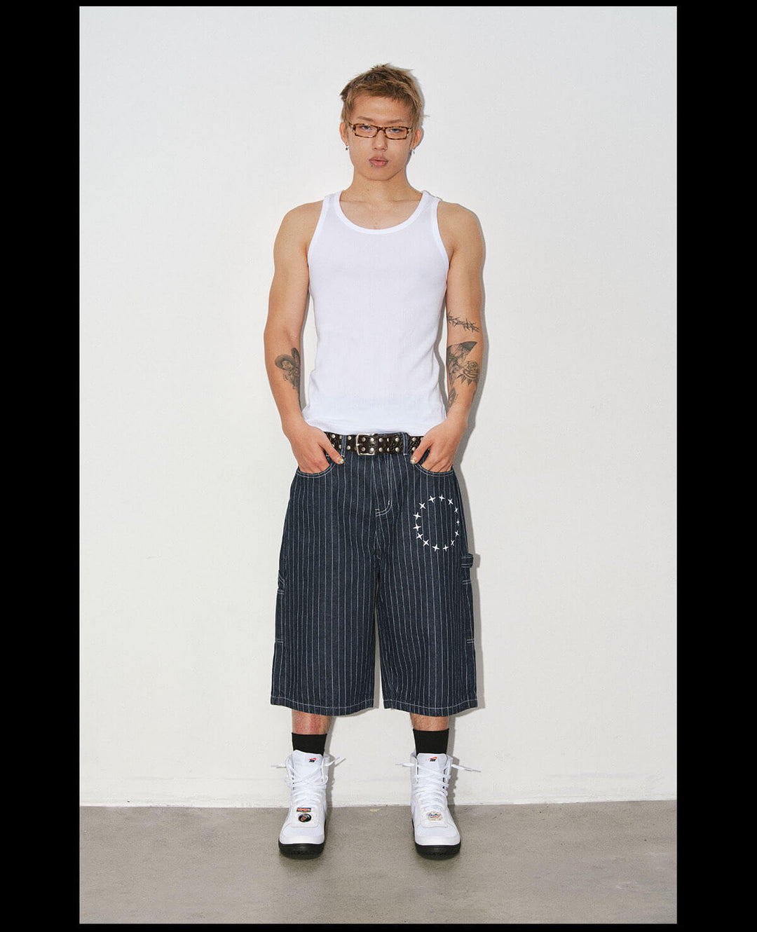 NOVACAM Circle Star Print Pinstripe Baggy Denim Shorts | Face 3 Face