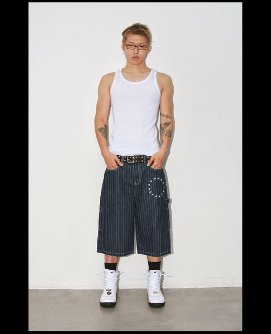 NOVACAM Circle Star Print Pinstripe Baggy Denim Shorts | Face 3 Face