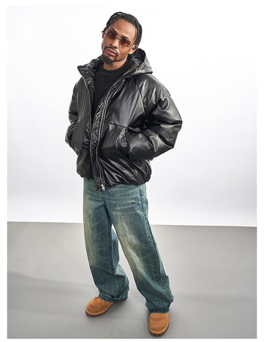 F3F Select Windproof Hooded PU Leather Puffer Bomber Jacket | Face 3 Face