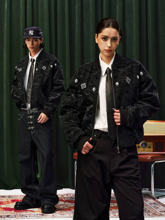 YADcrew Velvet PU Leather Pearl Jewelry Bomber Jacket | Face 3 Face