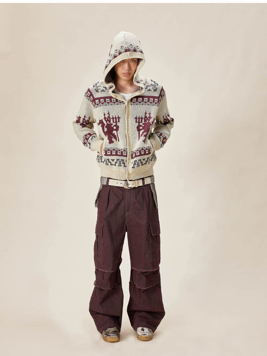 EVILKNIGHT(EK) Ethnic Pattern Knit Hooded Cardigan