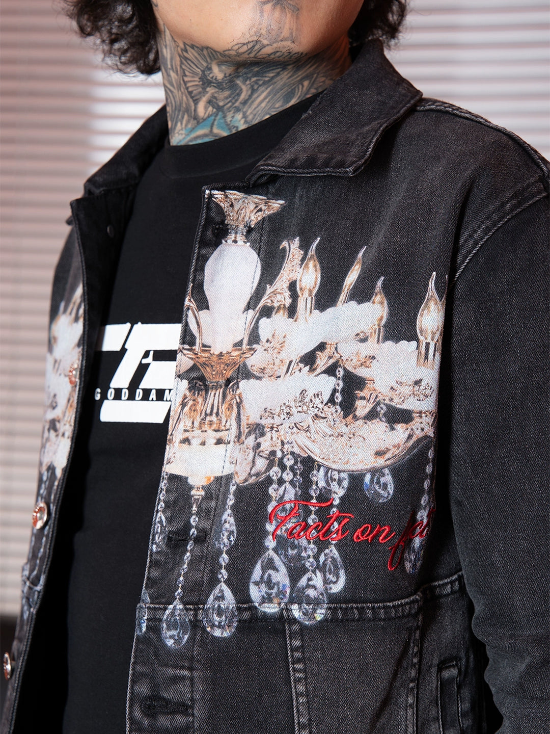 TGFCLUB Chandelier Digital Print Washed Slim Denim Jacket | Face 3 Face