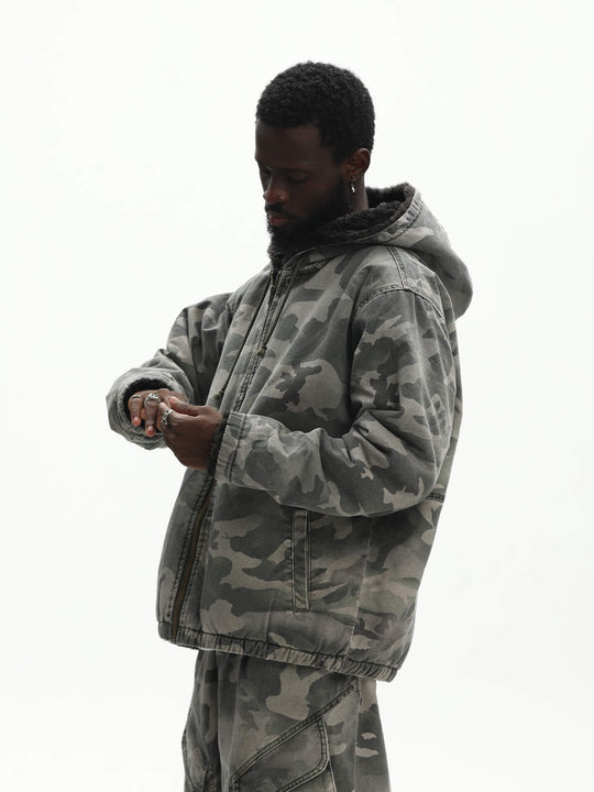UNTILWERICH Washed Camouflage Hooded Jacket
