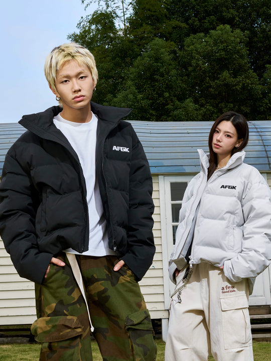 AFGK Contrasting Color Logo Embroidered Down Jacket | Face 3 Face