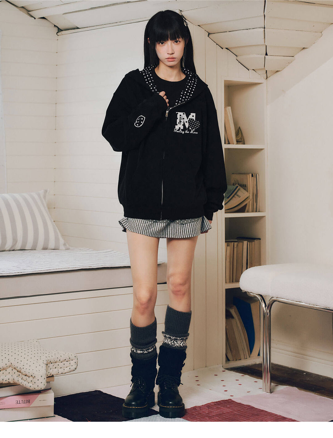 MEDM Polka Dot Hood Lining Heart Logo Zip Up Hoodie | Face 3 Face