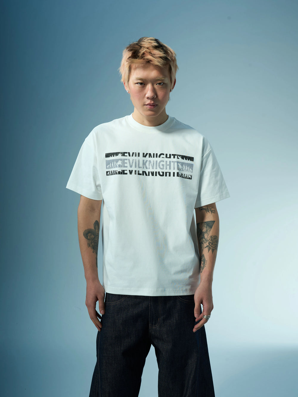 EVILKNIGHT(EK) Devil's Evolution Letter Distressed Print Tee | Face 3 Face