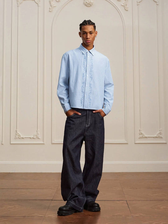 YADcrew Striped Embroidered Placket Button Up Long Sleeve Shirt | Face 3 Face