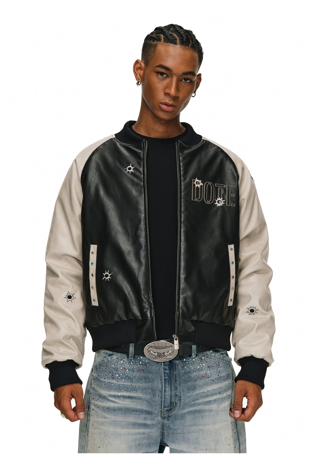 ANTIDOTE Bullseye Color Diamond Studded Leather Baseball Jacket | Face 3 Face