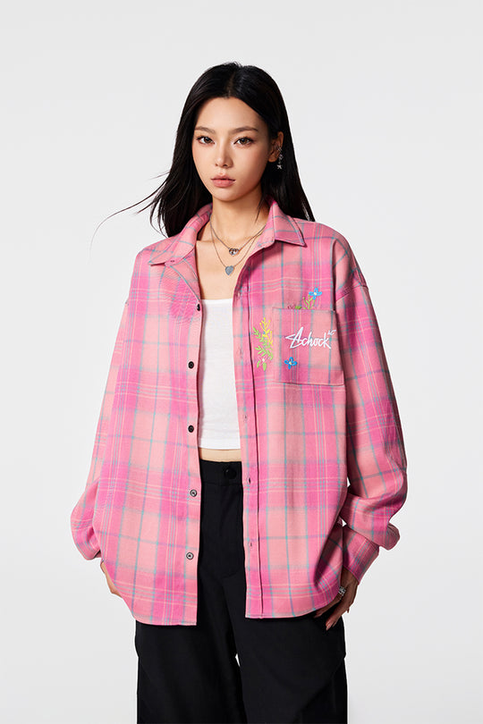 Achock Flower Embroidery Plaid Long Sleeved Shirt | Face 3 Face