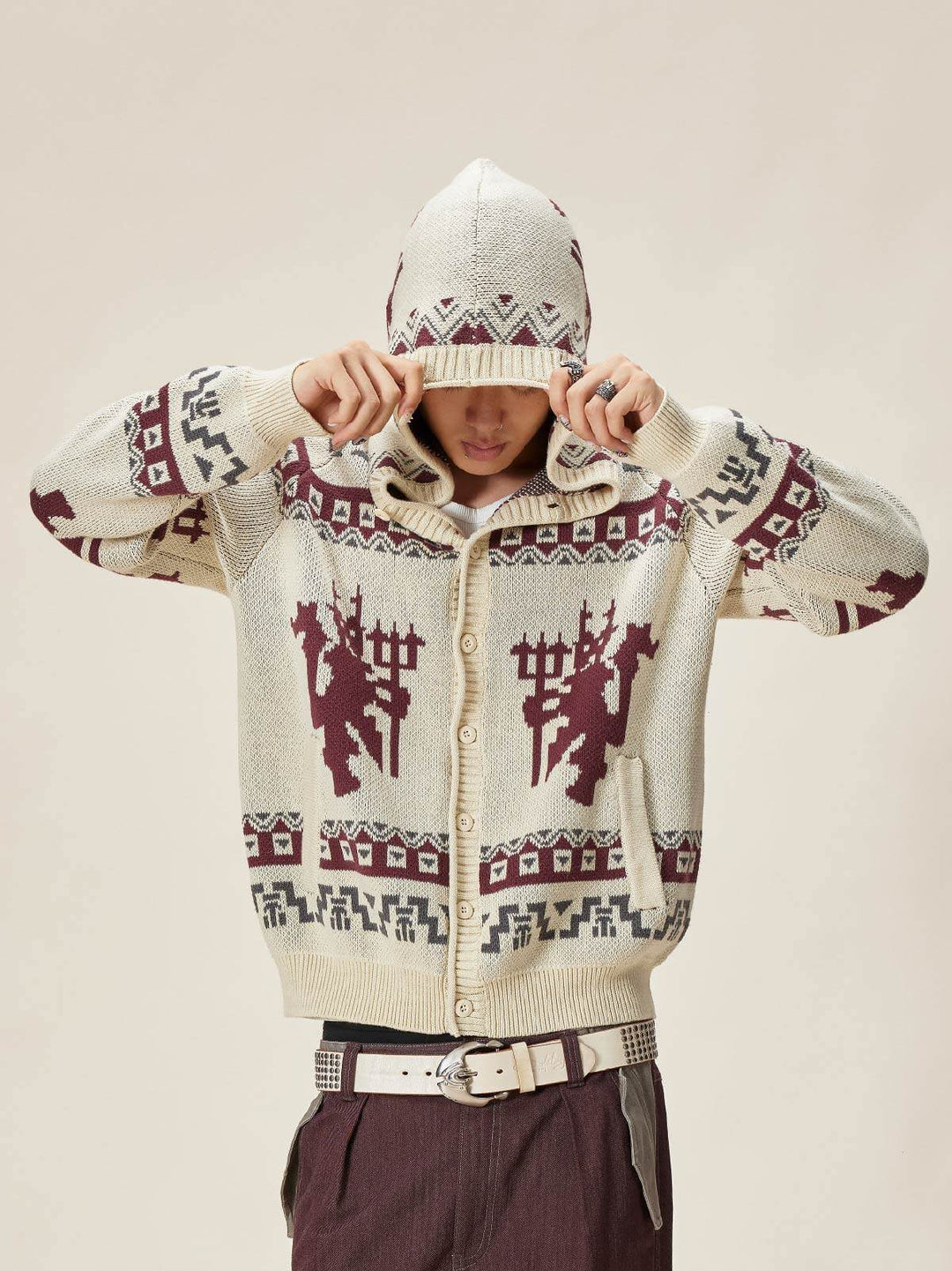 EVILKNIGHT(EK) Ethnic Pattern Knit Hooded Cardigan