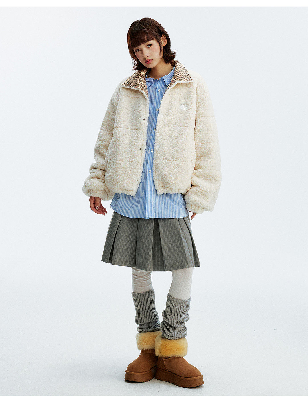 MEDM Plaid Trim Sherpa Short Jacket | Face 3 Face