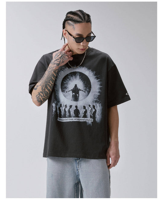 F2CE Praying Figure Silhouette Print Washed Distressed Short Sleeve Tee | Face 3 Face