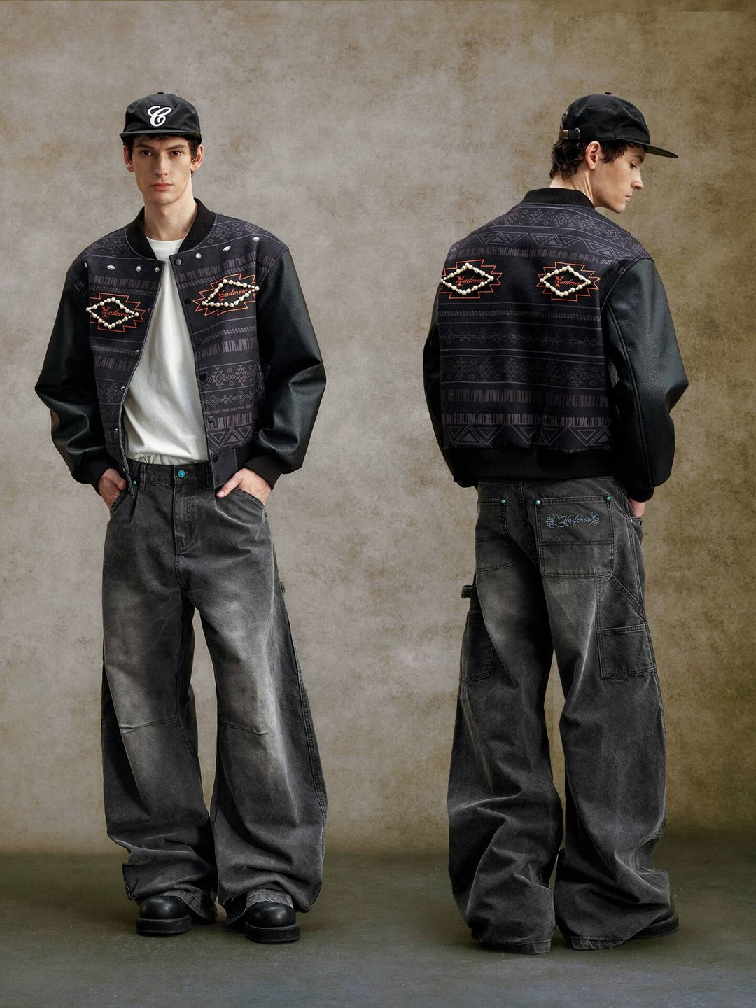 YADcrew Turquoise Studded Washed Tucked Painter Machete Jeans | Face 3 Face