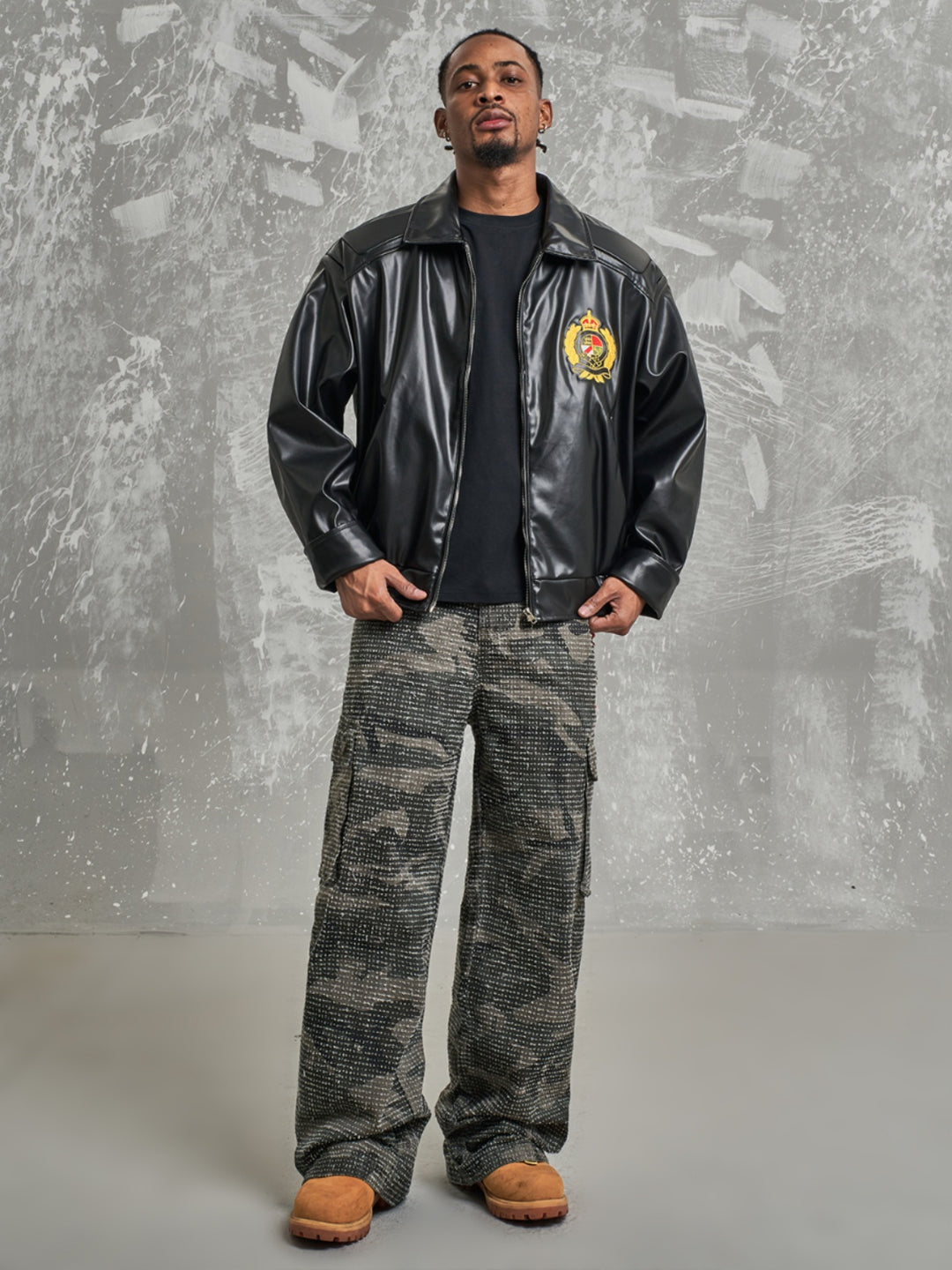 F3F Select Badge Embroidery Shoulder Pad Leather Jacket | Face 3 Face