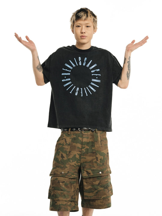 NOVACAM Circle Letter Vintage Washed Black Stitch Tee | Face 3 Face