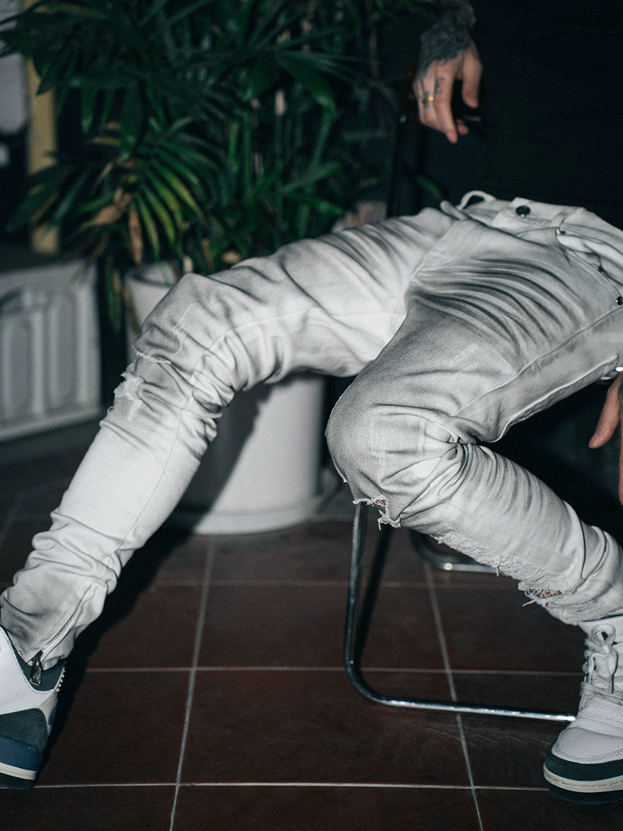 TGFCLUB Sprayed Whisker Washed Hem Zipper Slim Fit Jeans | Face 3 Face