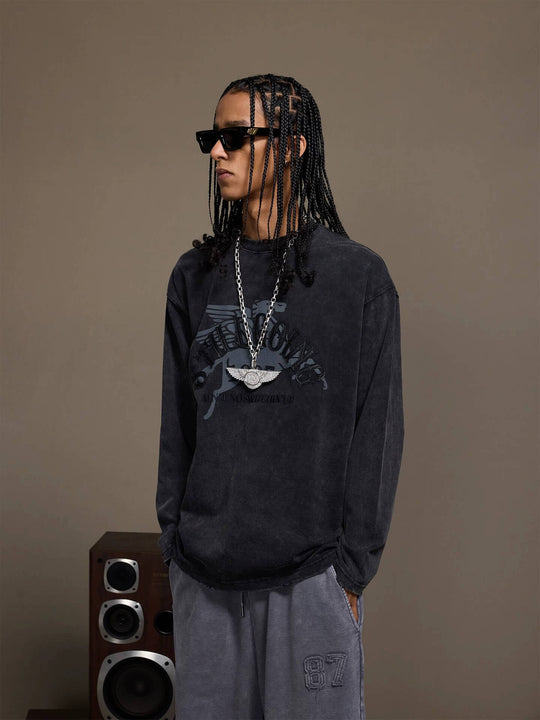 1807 Pegasus Embroidered Patch Distressed Long Sleeve Tee | Face 3 Face