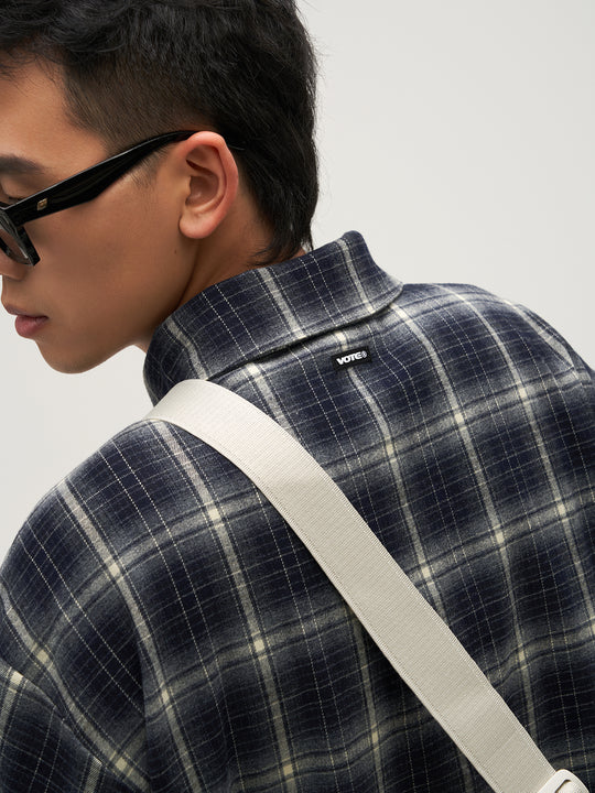 VOTE Navy Plaid Embroidery Long Sleeved Shirt