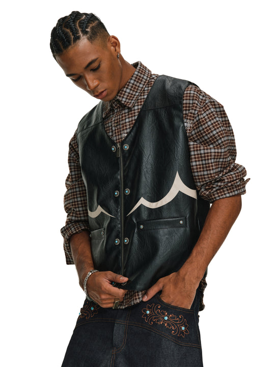 ANTIDOTE Turquoise Studded Western PU Leather Biker Vest | Face 3 Face