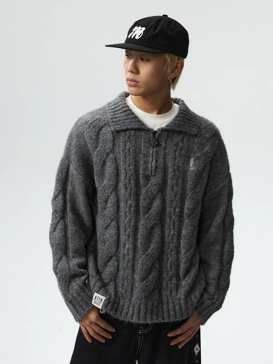 MEDM Cable Knit Half Zip Polo Sweater | Face 3 Face