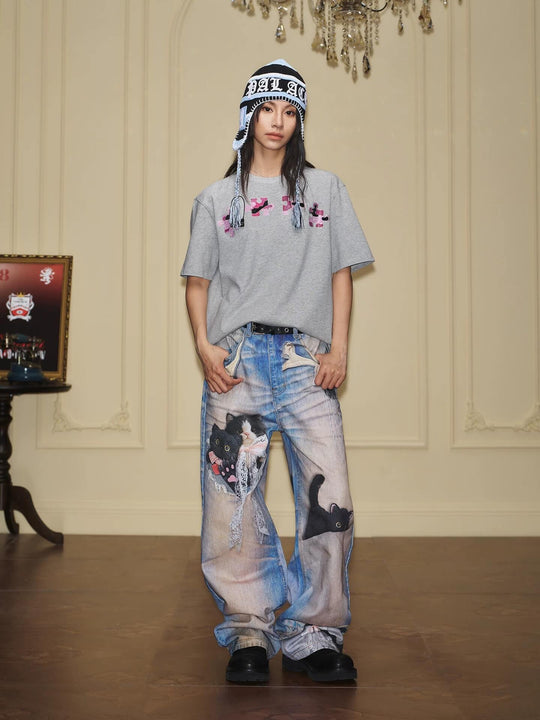 YADcrew Black Cat And Bow Print Baggy Jeans | Face 3 Face