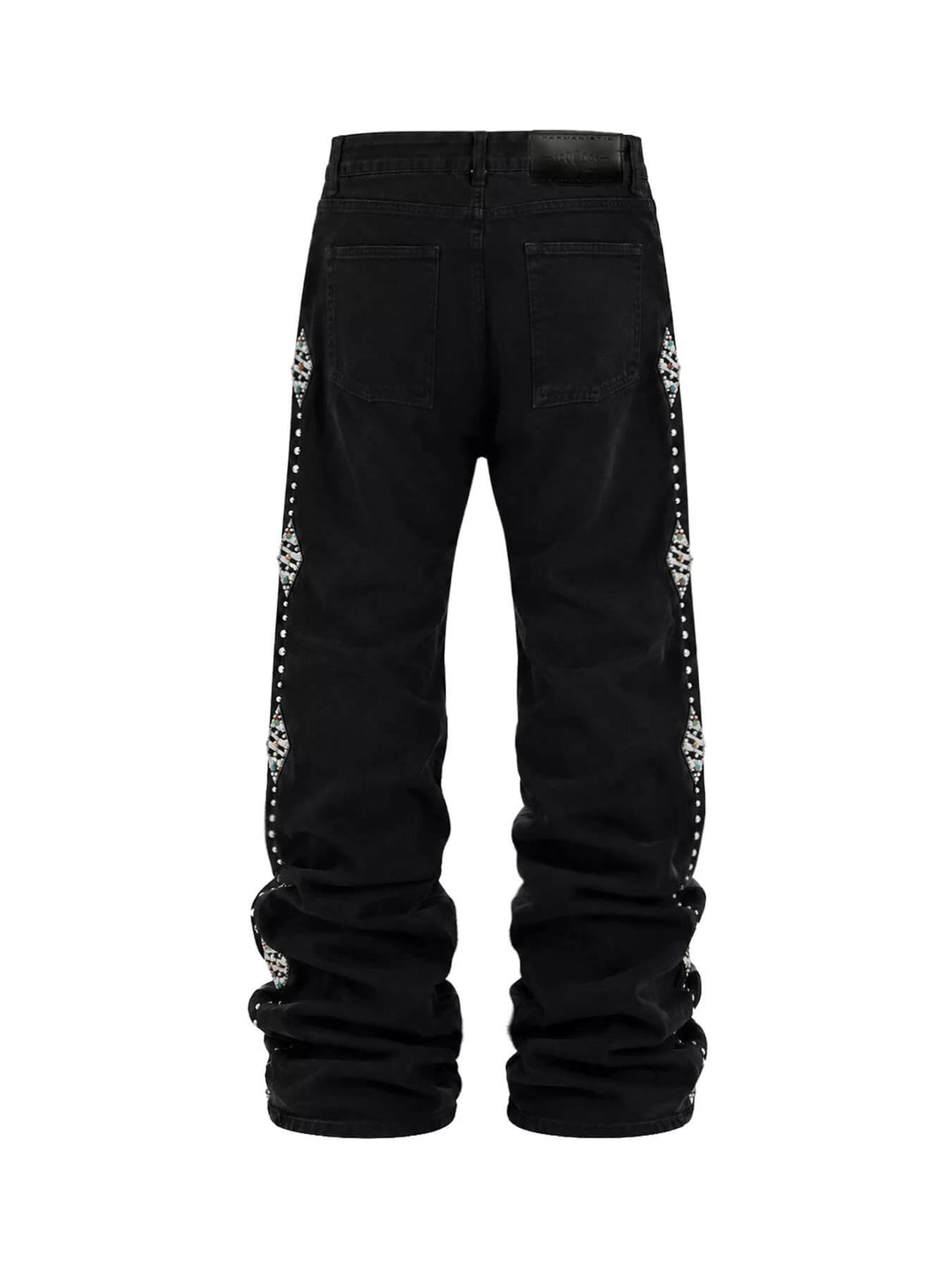 KARMANISTIC Studded Crystal and Leather Side Design Black Jeans | Face 3 Face