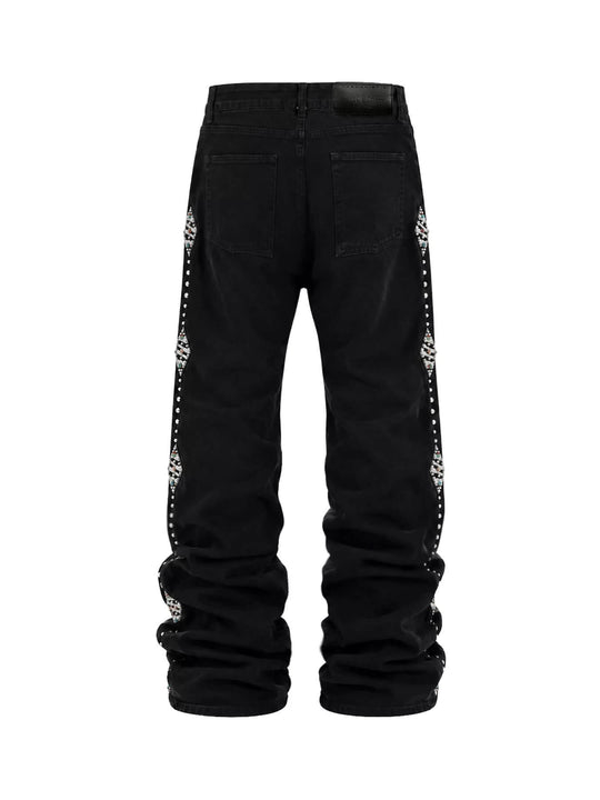KARMANISTIC Studded Crystal and Leather Side Design Black Jeans | Face 3 Face