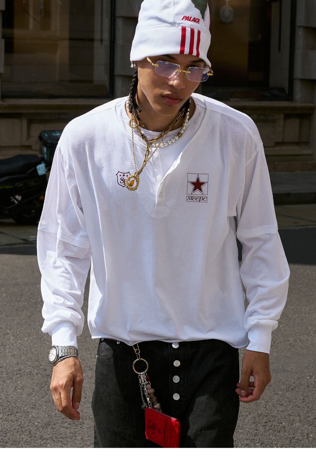 STEEPC Pearl Star Layered Henley Neck Long Sleeve Tee | Face 3 Face