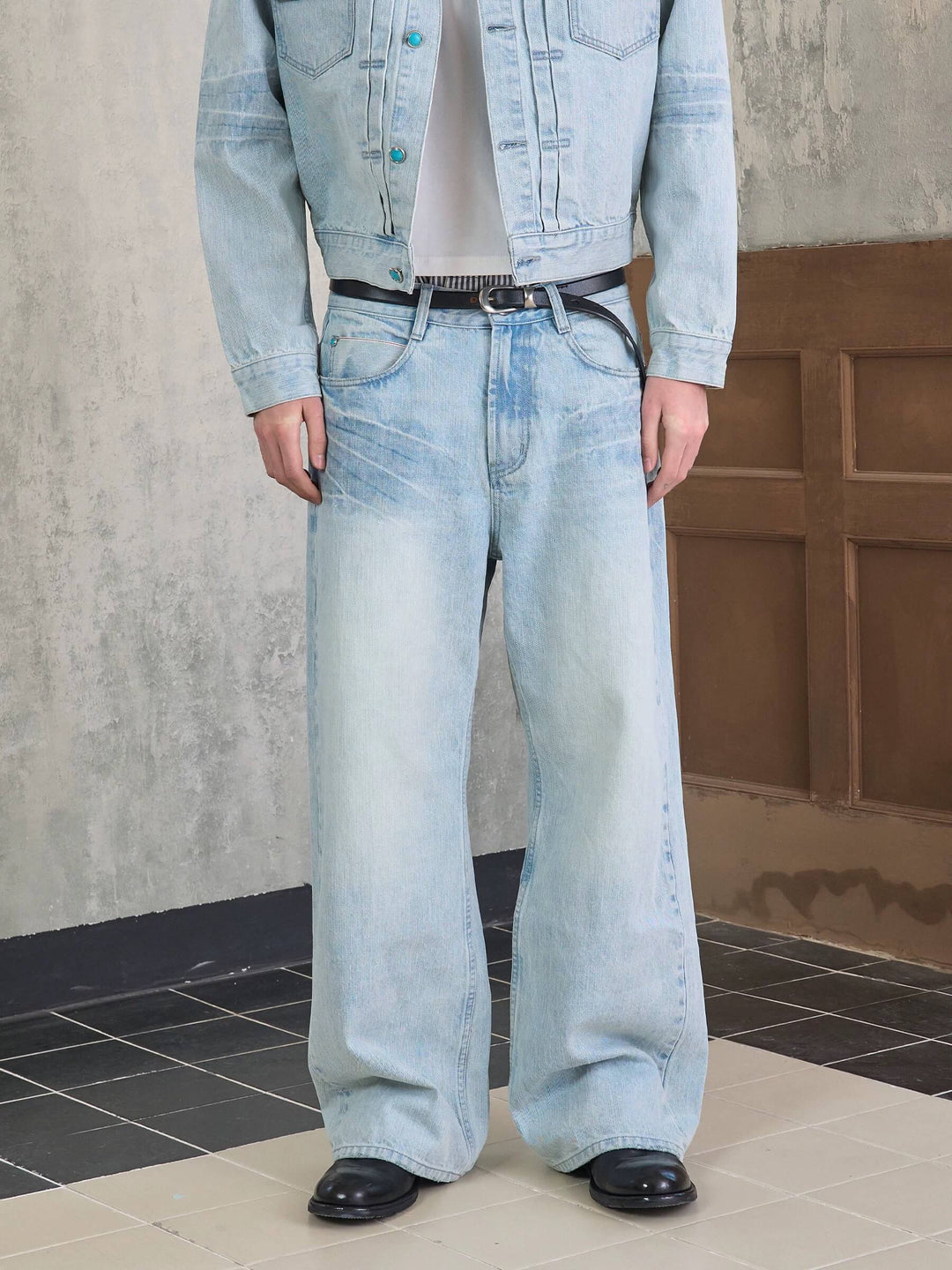 S45 Light Blue Heavy Washed Turquoise Button Flared Jeans