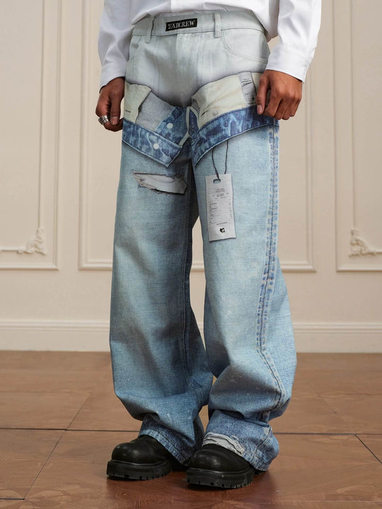YADcrew 3D Digital Print Double Waist Washed Jeans | Face 3 Face