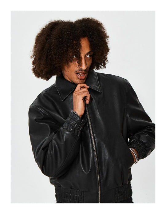 KARMANISTIC Graphic Embroidered Leather Short Bomber Jacket | Face 3 Face